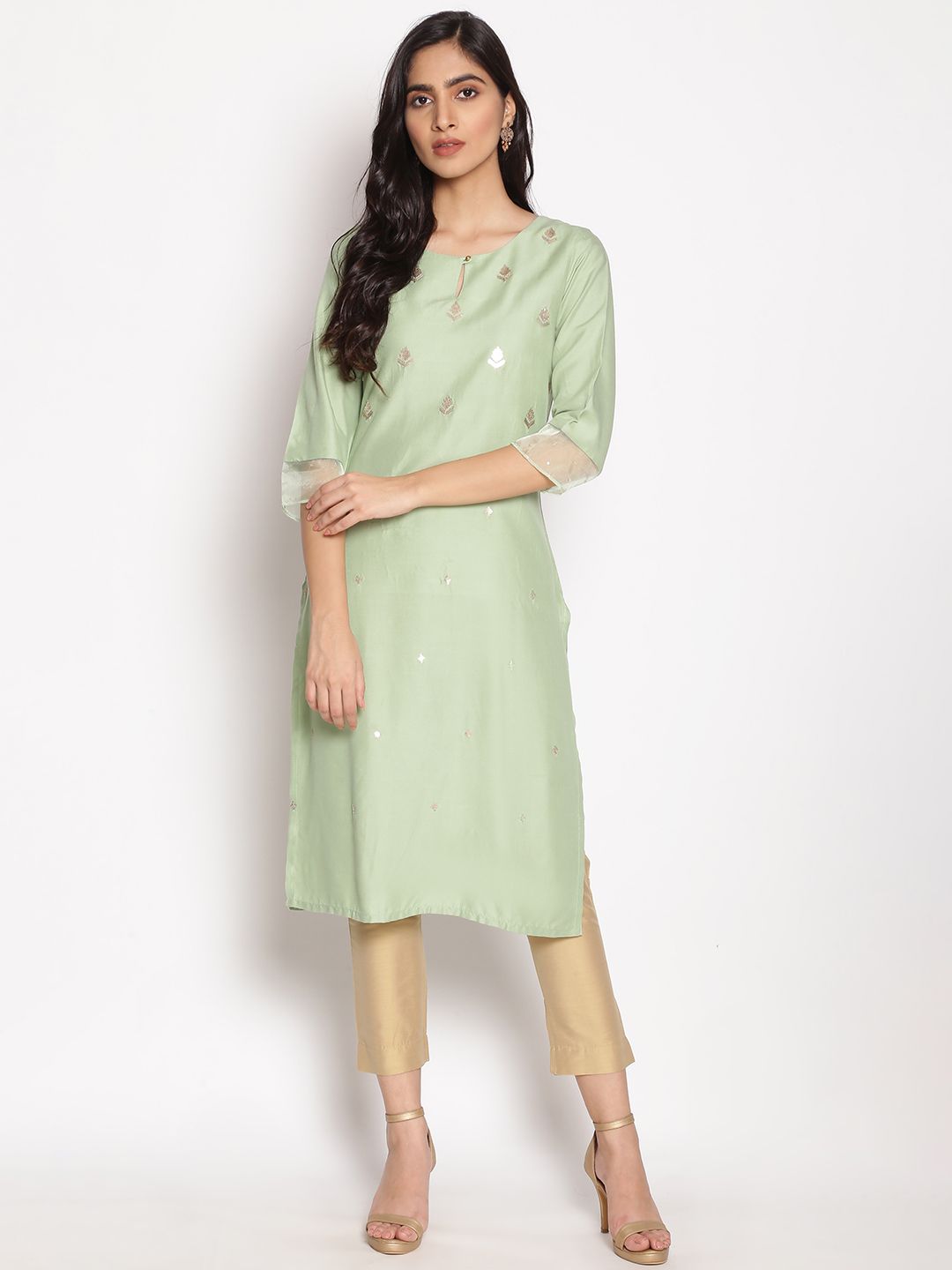 W Women Green & Gold-Toned Ethnic Motifs Embellished Keyhole Neck Kurta