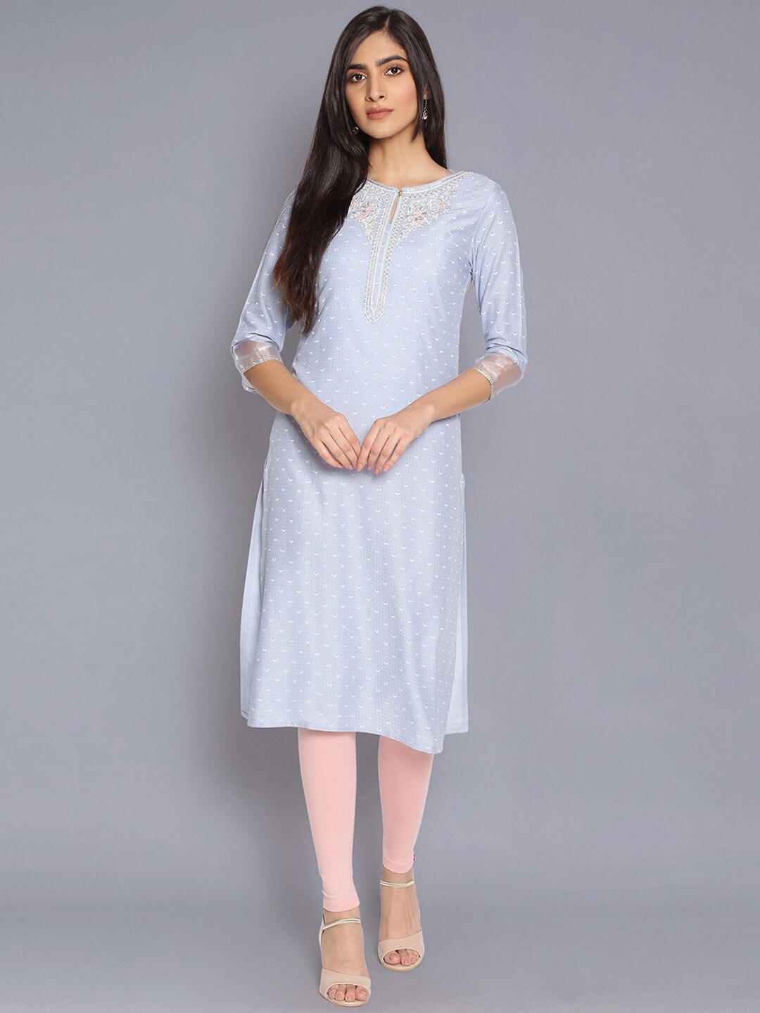 W Women Blue & White Floral Embroidered Keyhole Neck Kurta Price in India