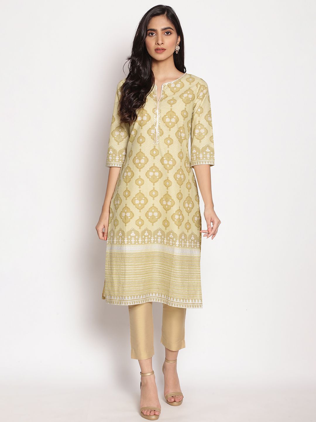 W Women Yellow & Beige Ethnic Motifs Printed Keyhole Neck Cotton Kurta Price in India