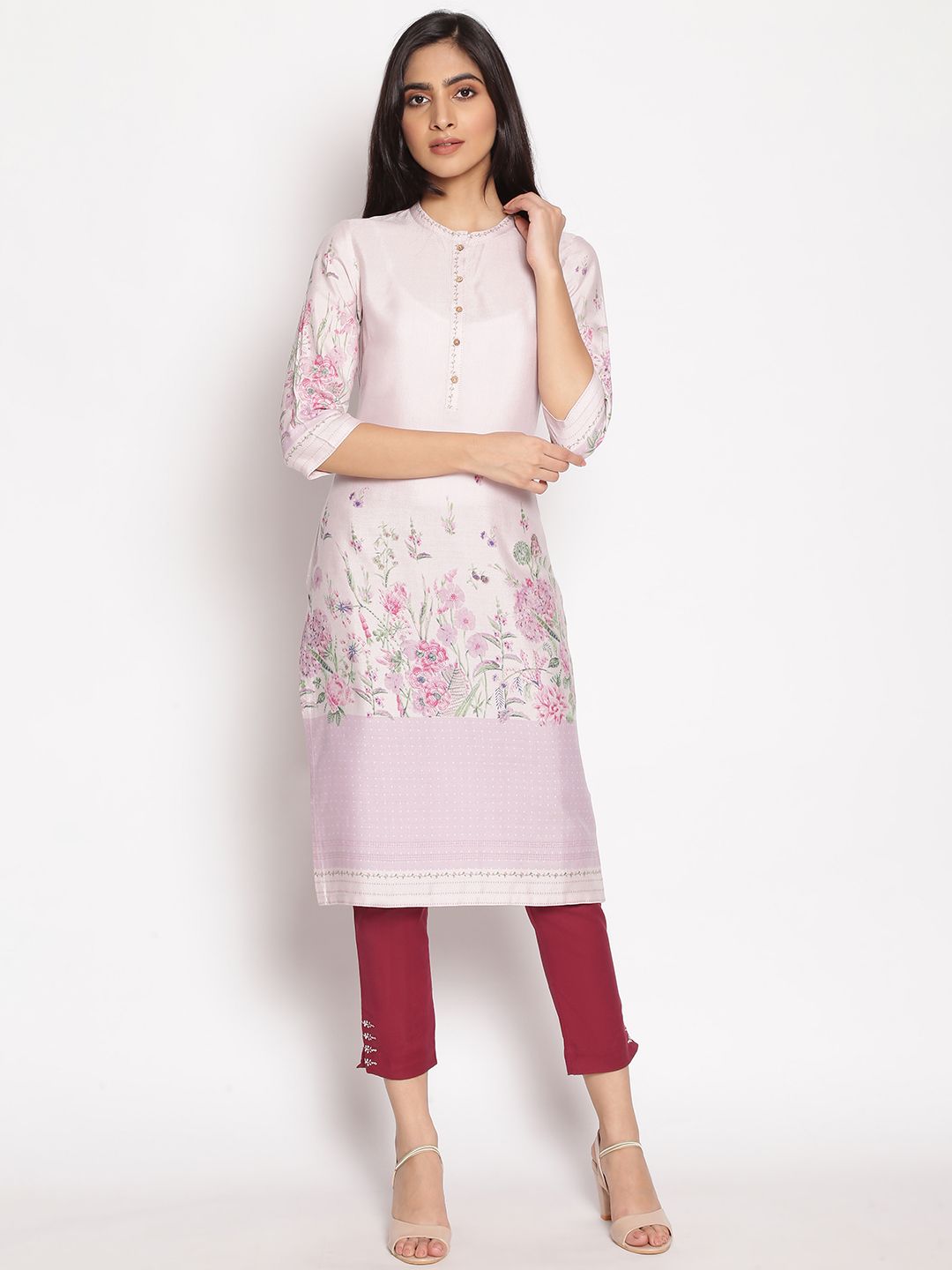 W Women Pink & Green Floral Printed Kurta Price in India