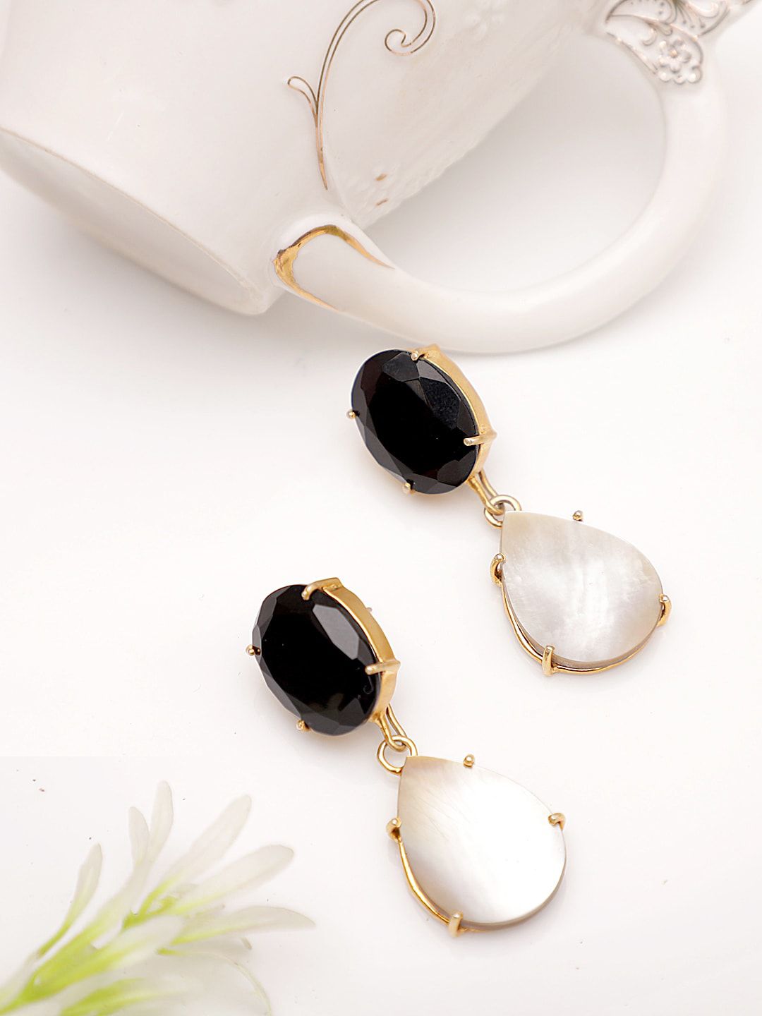 XAGO Gold-Plated Black & White Contemporary Drop Earrings Price in India