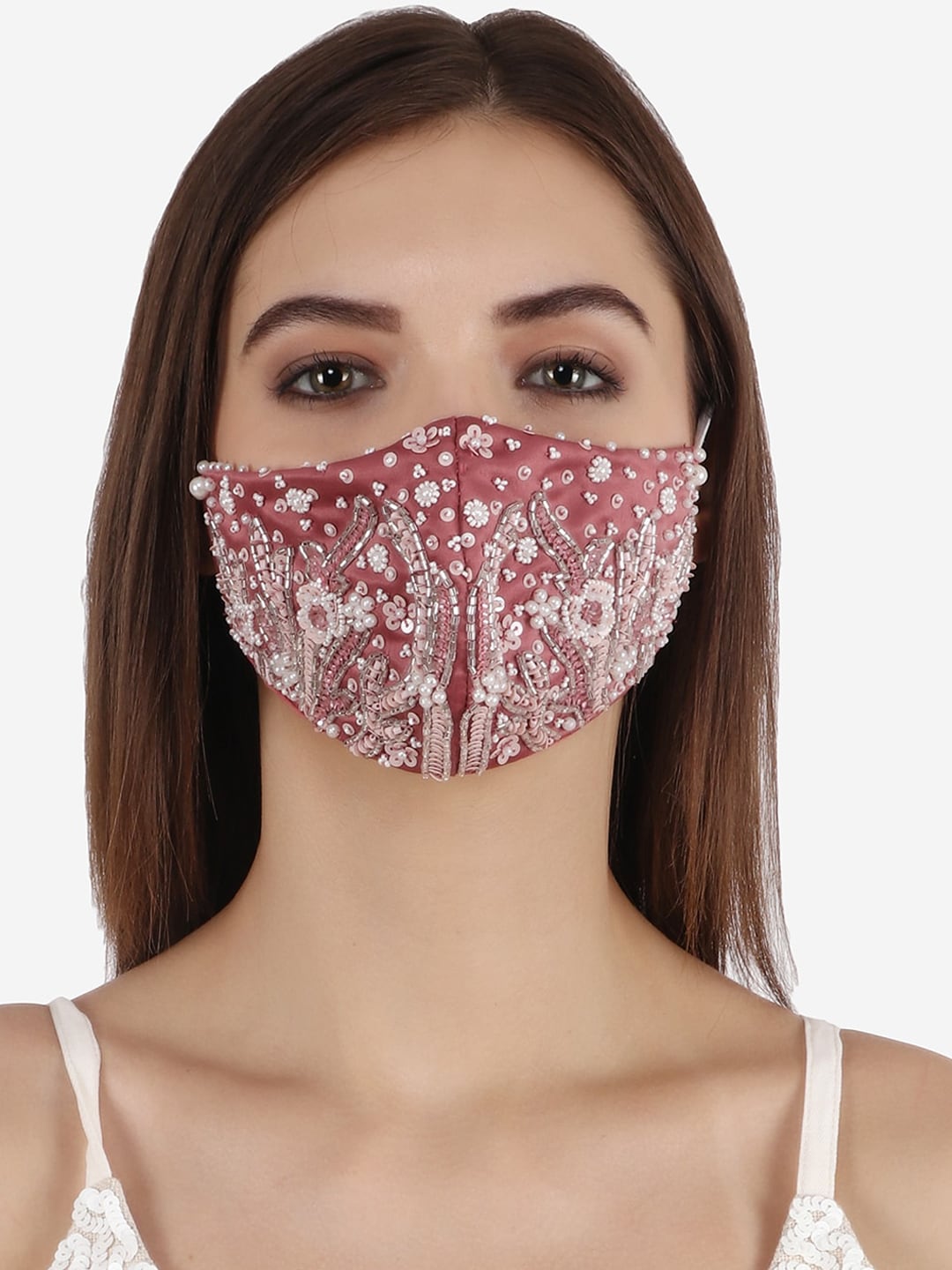 Diwaah Women Pink & White Embellished Pure Cotton Reusable Cloth Mask Price in India