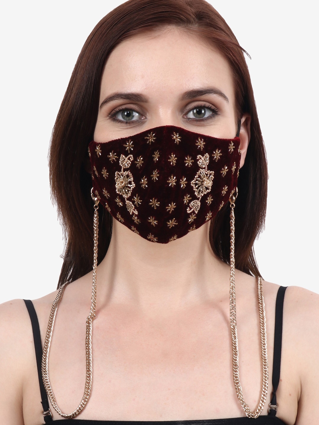 Diwaah Women Maroon & Gold-Coloured Embellished Reusable Velvet Cloth Mask Price in India