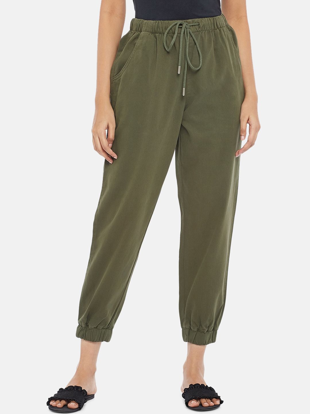 People Women Olive Green High-Rise Cotton Joggers Trousers