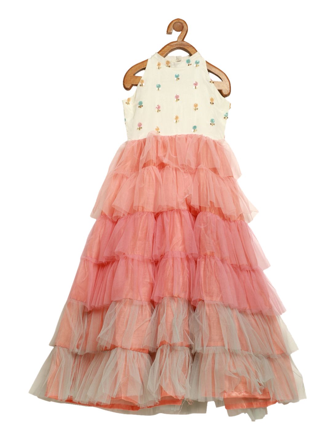 Ethnovog Girls Peach-Coloured  White Floral Embroidered Halter Neck Net Maxi Dress