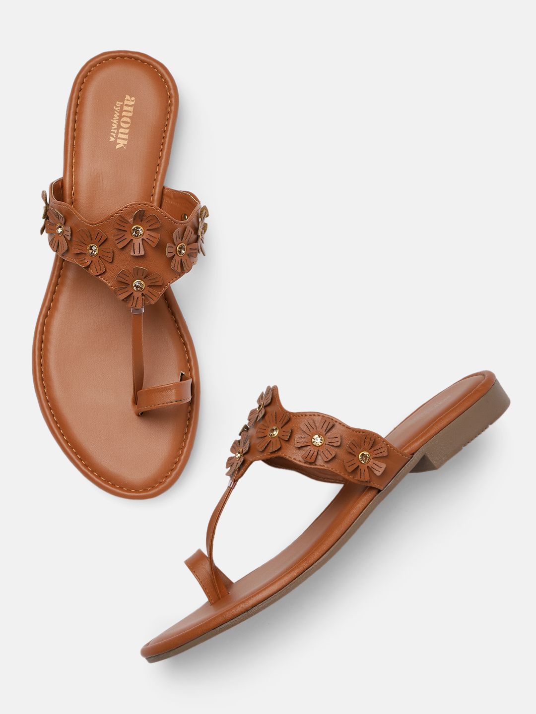 Anouk Women Brown Embellished T-Strap Flats Price in India