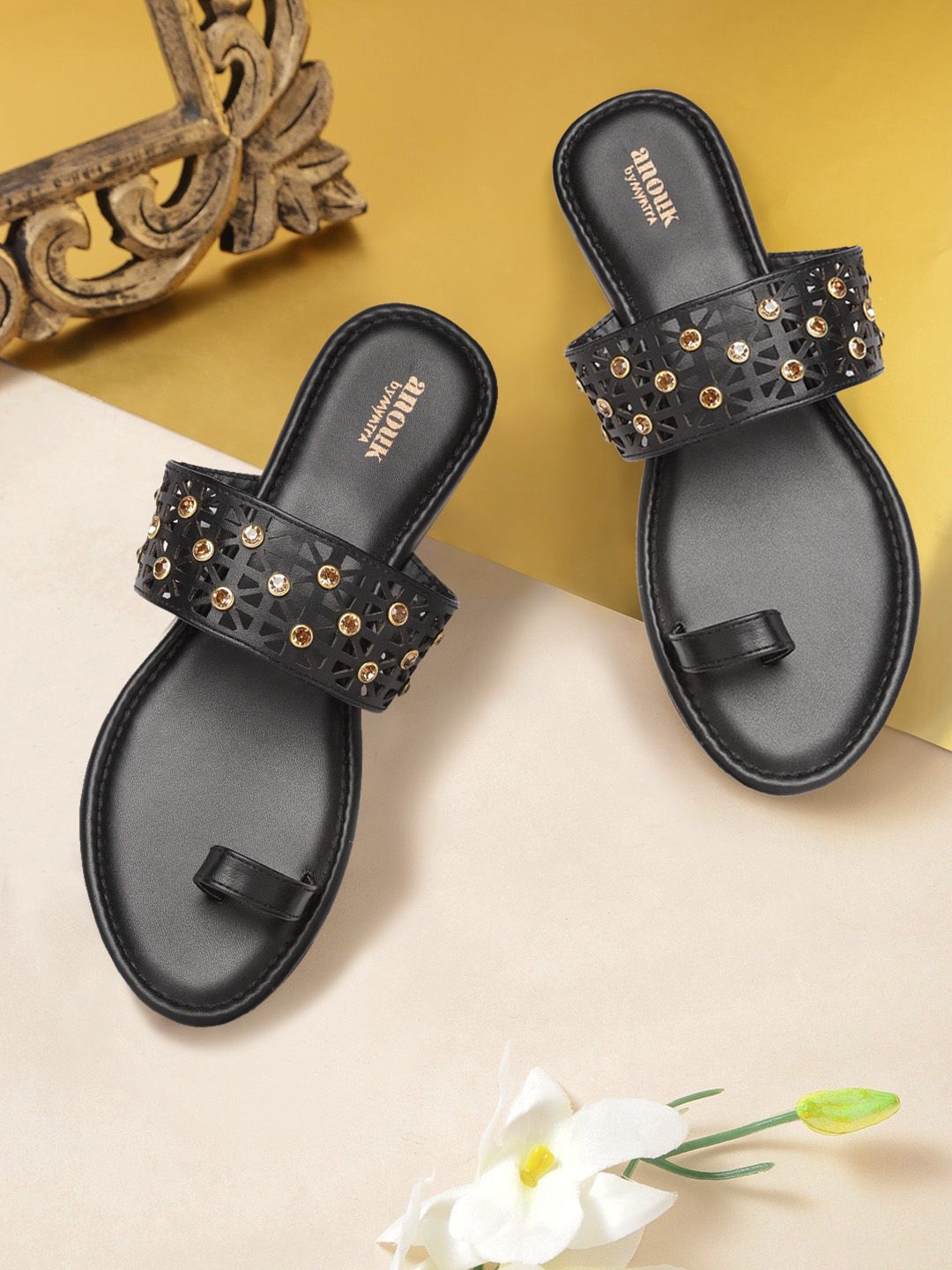 Anouk Women Black Laser Cut & Embellished One Toe Flats with Price in India