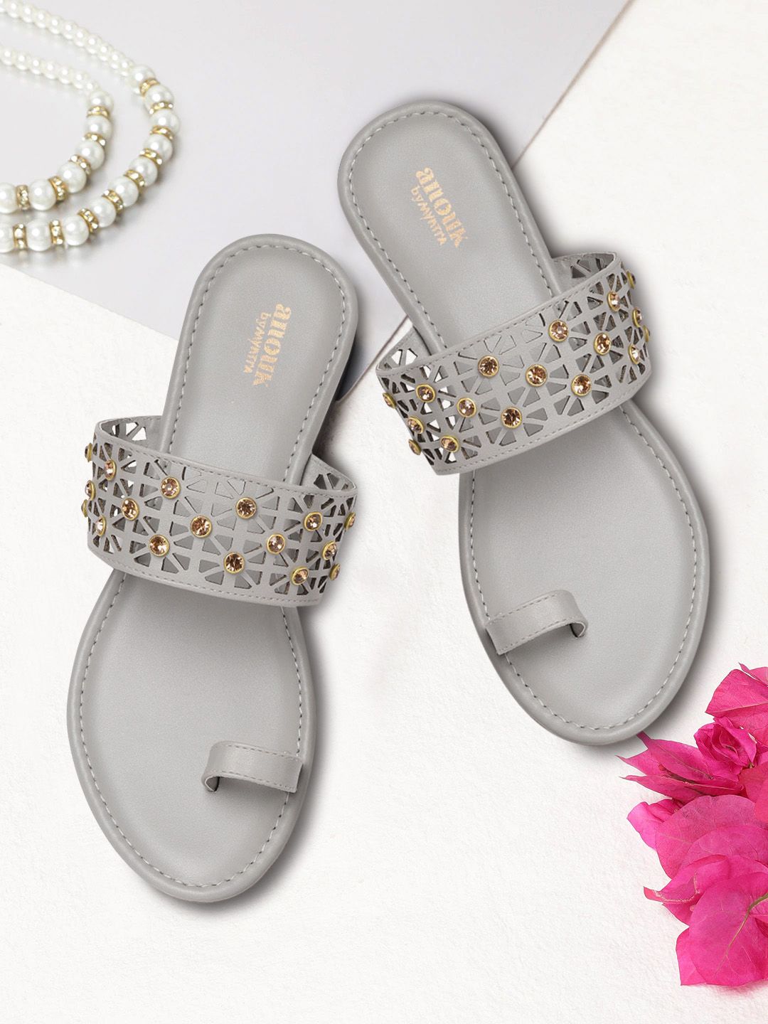 Anouk Women Grey Laser Cut & Embellished One Toe Flats with Price in India