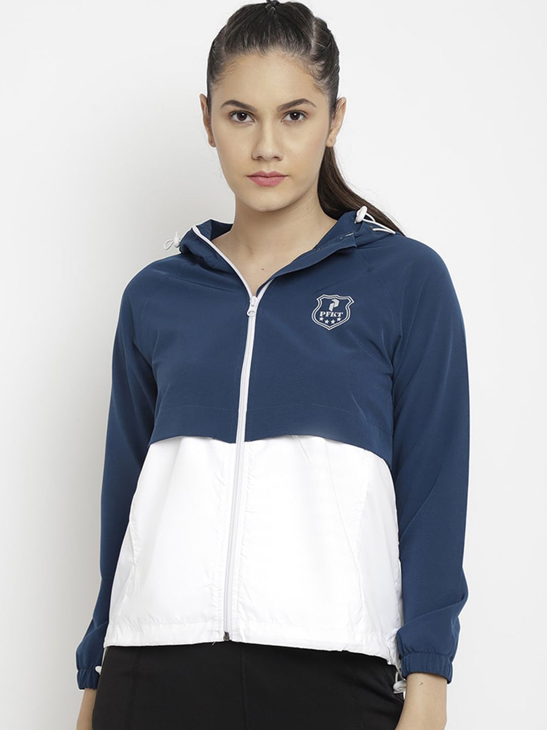 PERFKT-U Women Blue & White Colourblocked Lightweight Antimicrobial Running Sporty Jacket Price in India