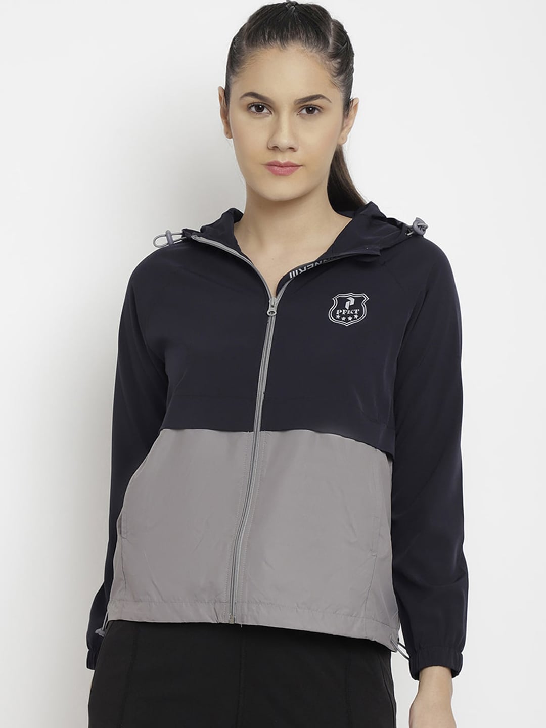 PERFKT-U Women Navy Blue & Grey Colourblocked Lightweight Antimicrobial Sporty Jacket Price in India