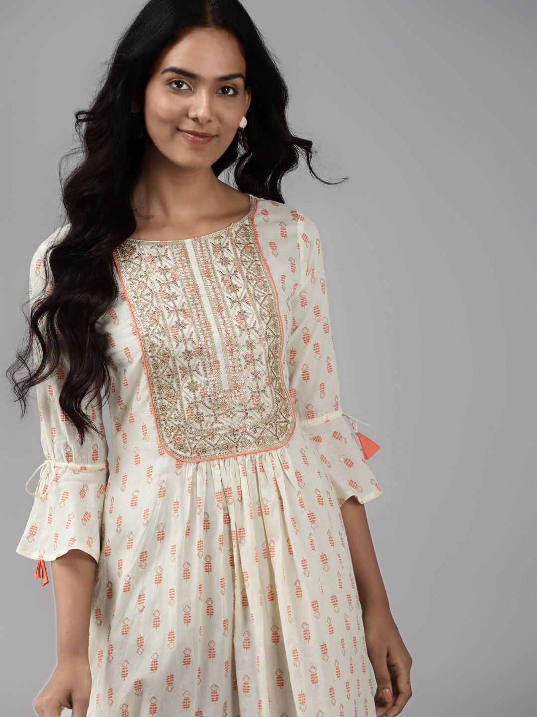 Indo Era Off White & Cream-Coloured A-Line Midi Dress Price in India