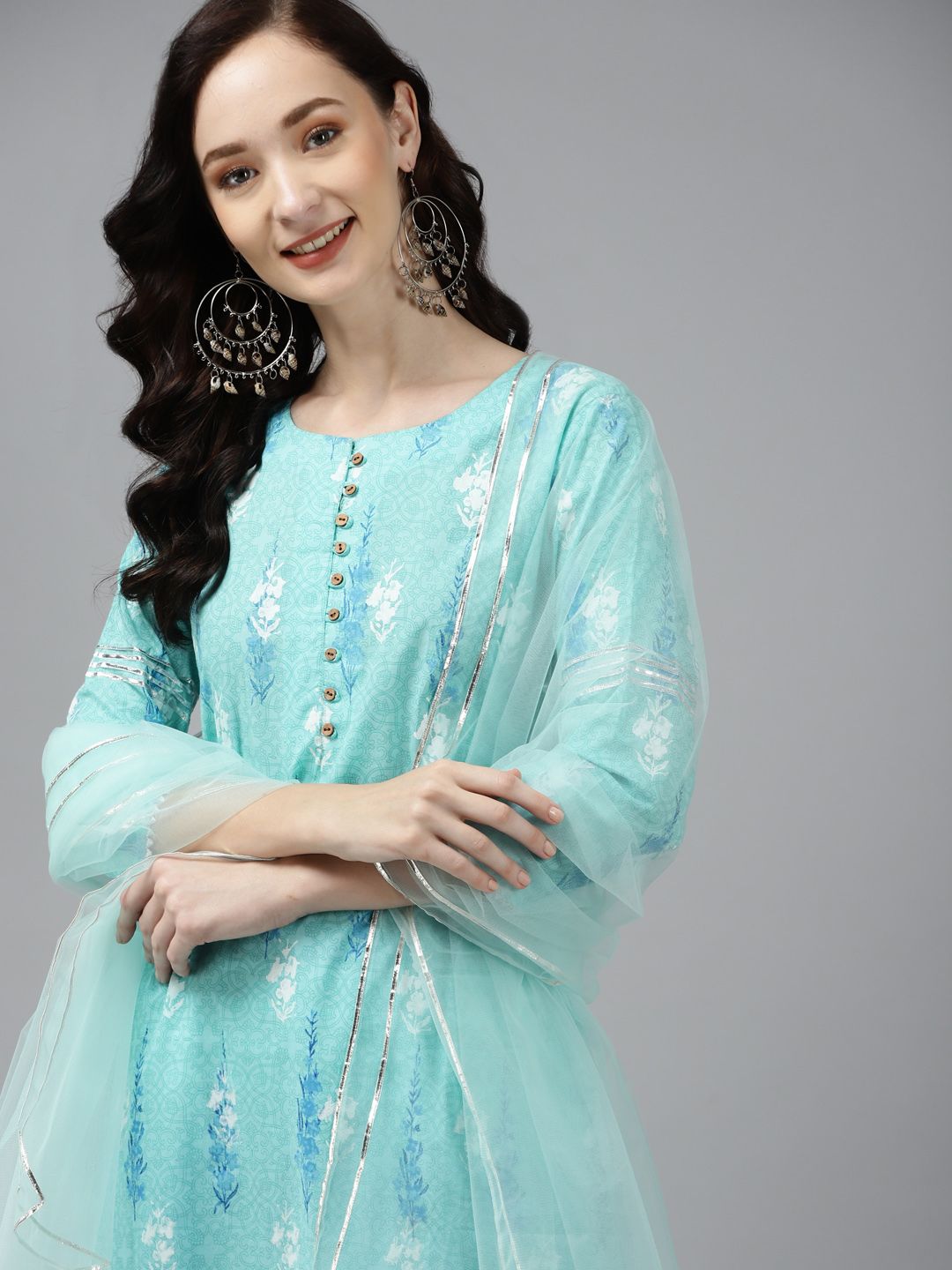 Indo Era Women Blue Floral Printed Regular Pure Cotton Kurta with Palazzos & With Dupatta