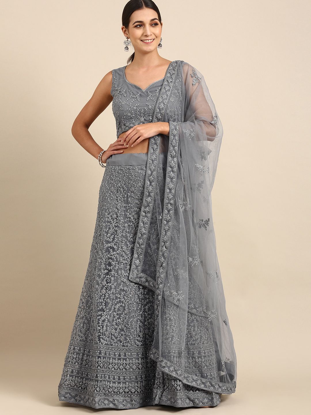 Shaily Grey Embroidered Sequinned Semi-Stitched Lehenga & Unstitched Blouse With Dupatta