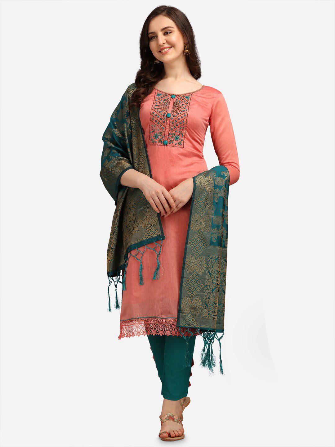 Ethnic Junction Peach-Coloured & Teal Green Embroidered Unstitched Dress Material Price in India