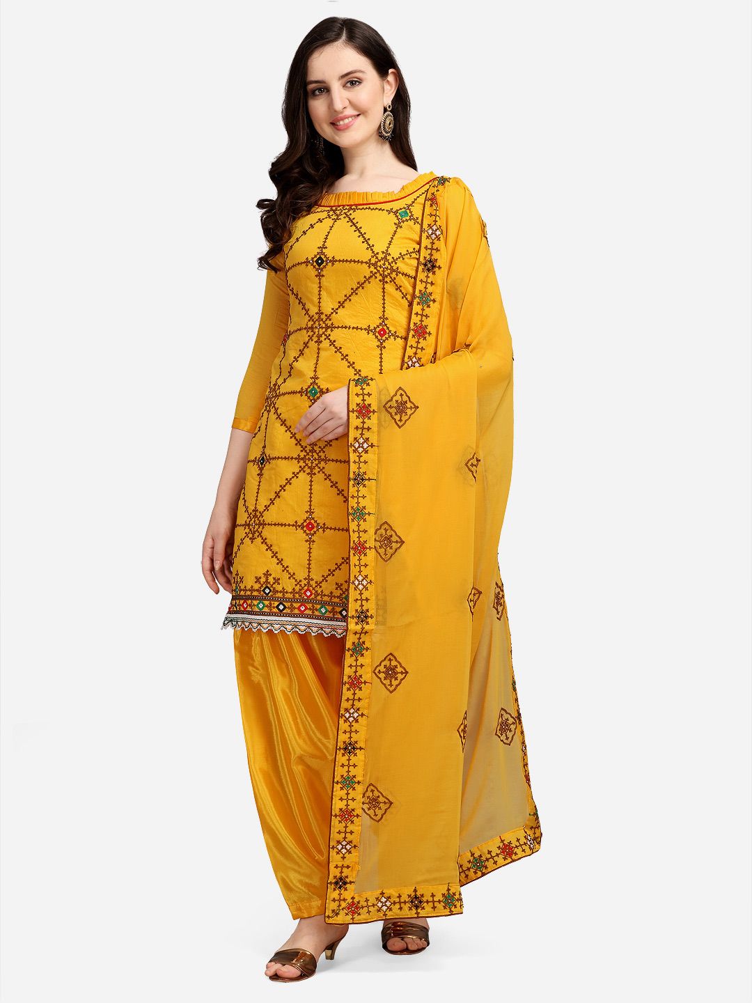 Ethnic Junction Gold-Toned & Brown Embroidered Unstitched Dress Material Price in India