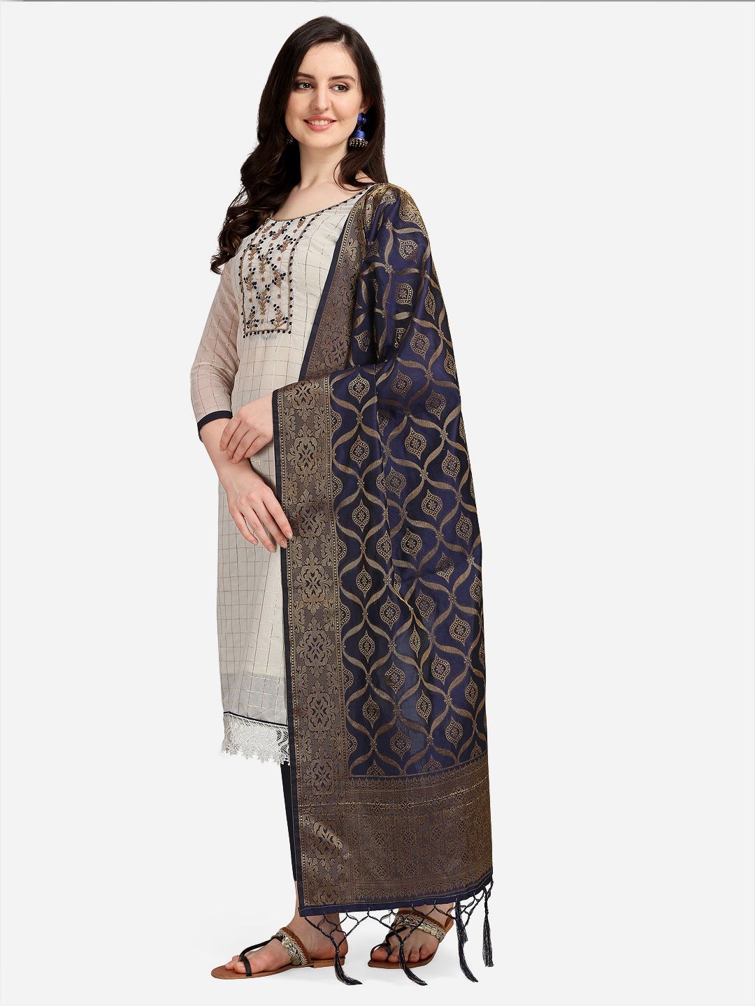 Ethnic Junction Off White & Navy Blue Embroidered Unstitched Dress Material Price in India