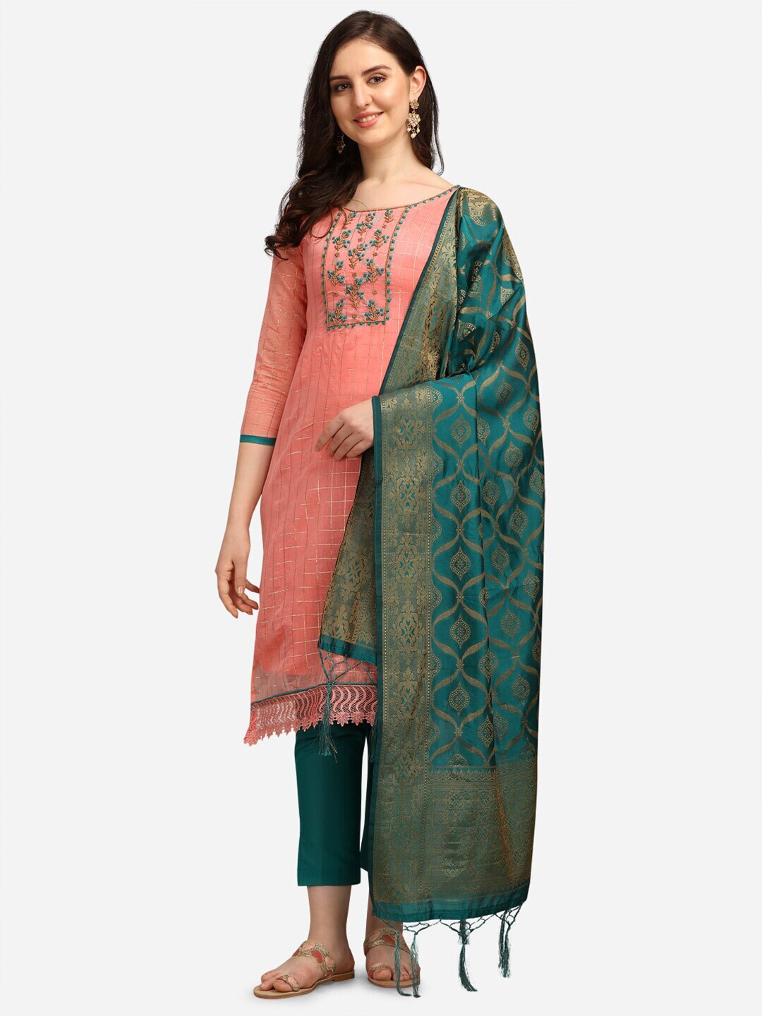 Ethnic Junction Peach-Coloured & Green Embroidered Unstitched Dress Material Price in India