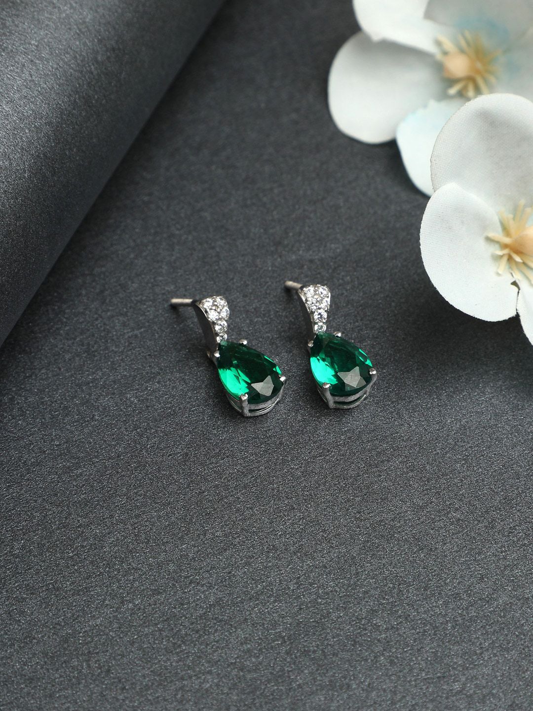 Clara Silver-Toned & Green Rhodium-Plated 92.5 Sterling Silver CZ Studded Drop Earrings Price in India