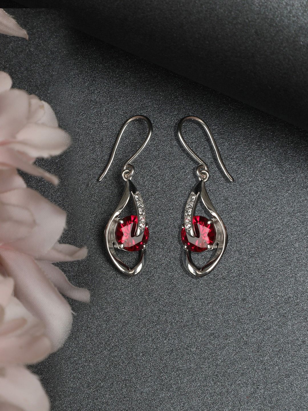 Clara Silver-Toned & Red Contemporary Drop Earrings Price in India