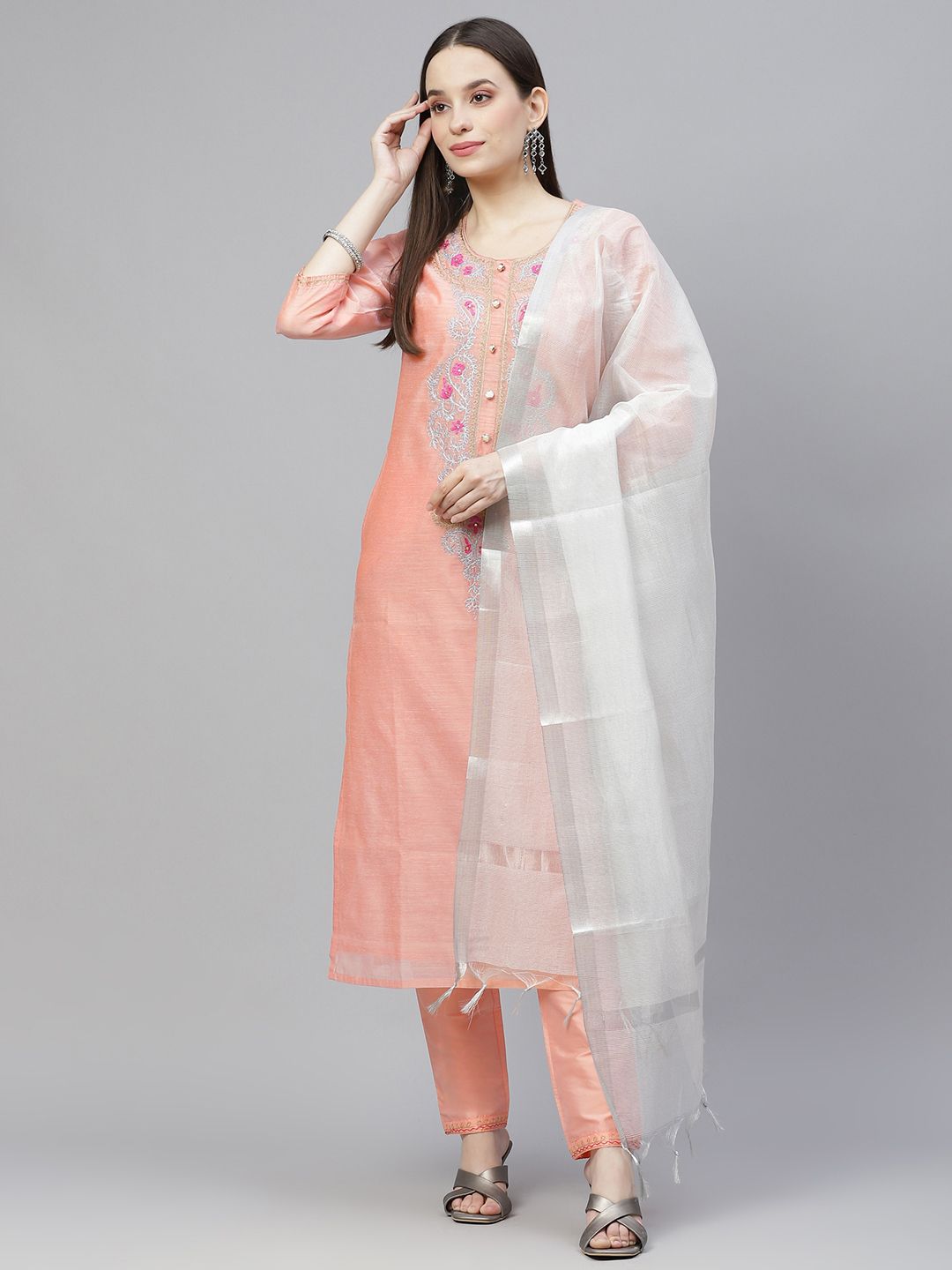 Tulsattva Women Peach-Coloured & Silver Yoke Design Kurta with Trousers & Dupatta