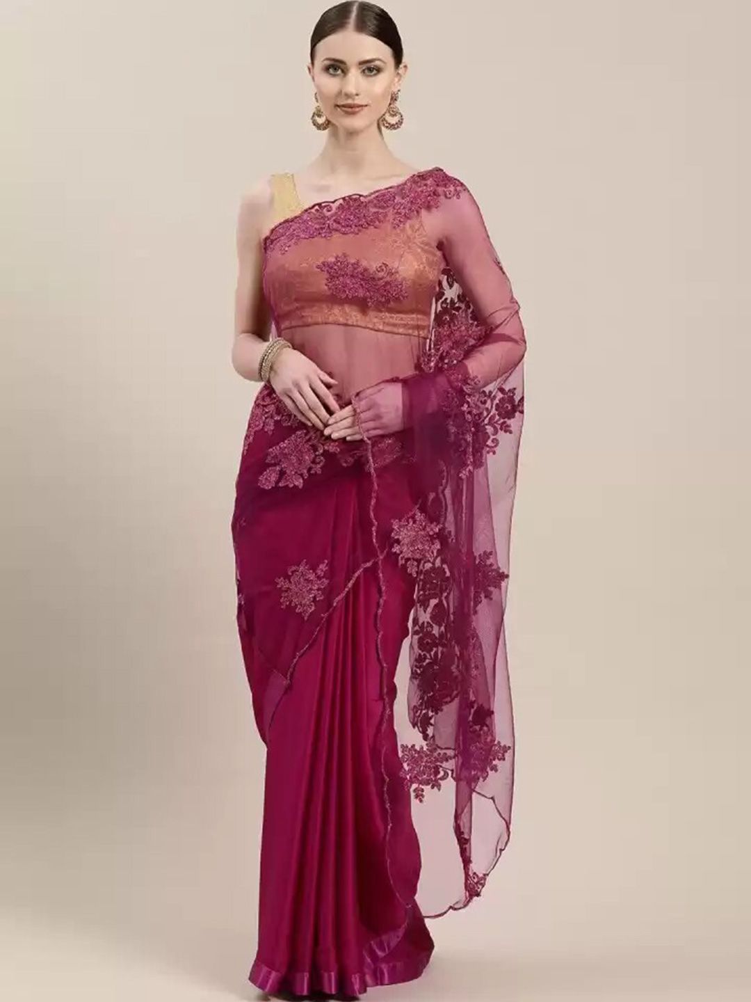 Ishin Magenta Floral Embroidered Net Saree Price in India