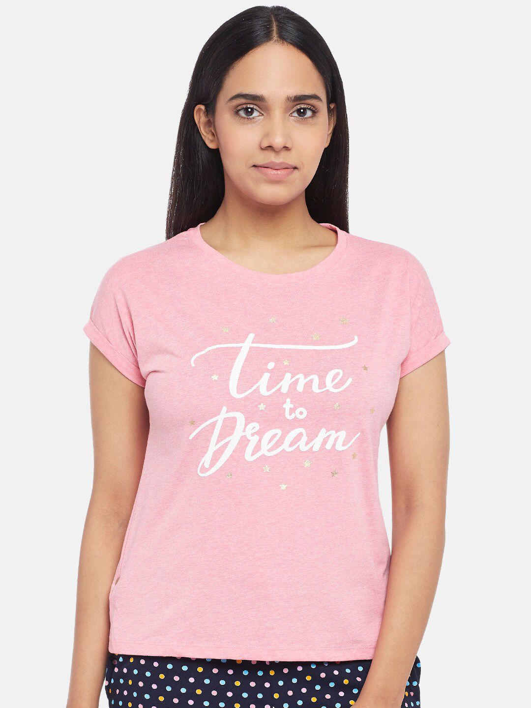 Dreamz by Pantaloons Women Pink & White Typography Printed Pure Cotton Lounge T-shirt Price in India