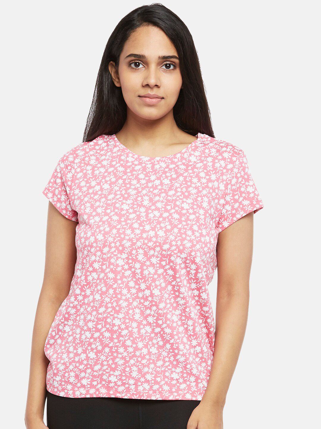 Dreamz by Pantaloons Women Pink & White Floral Printed Pure Cotton Lounge T-shirt Price in India
