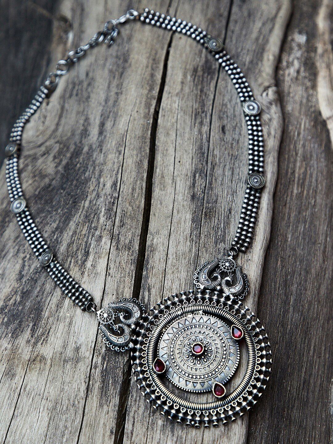 GloBox By ZeroKaata Silver-Toned & Black Brass Silver-Plated Oxidised Necklace Price in India