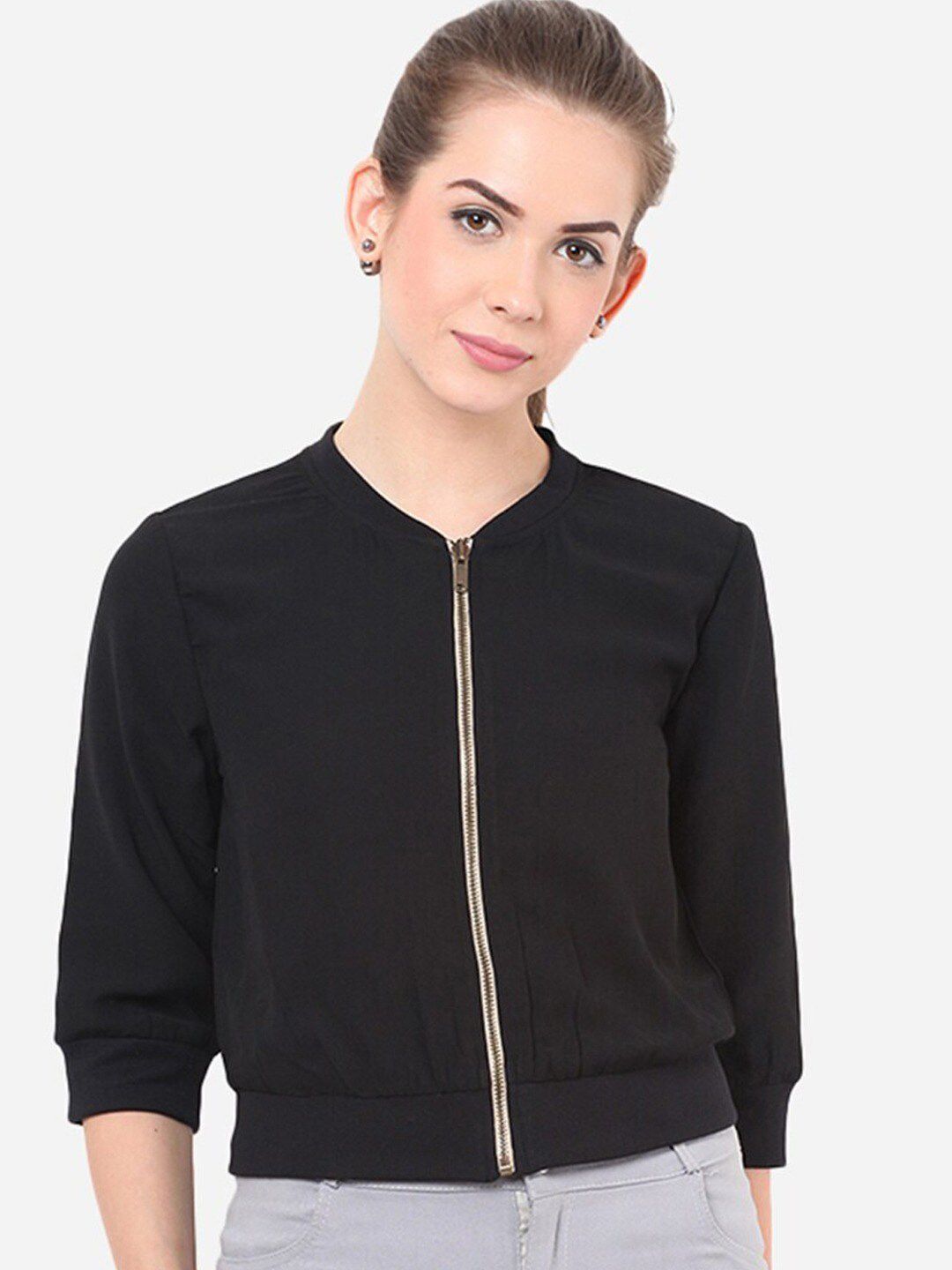 Porsorte Women Black Lightweight Crop Bomber Jacket Price in India