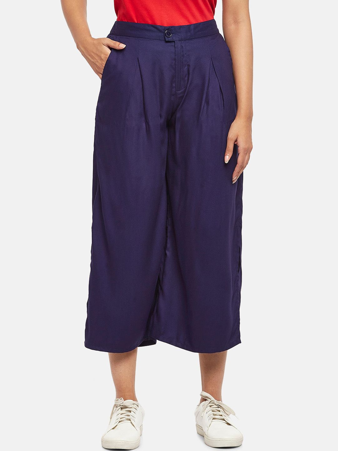 People Women Navy Blue High-Rise Pleated Culottes Price in India