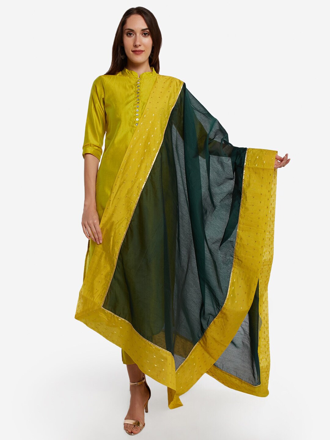 Desi Weavess Green & Yellow Art Silk Dupatta Price in India