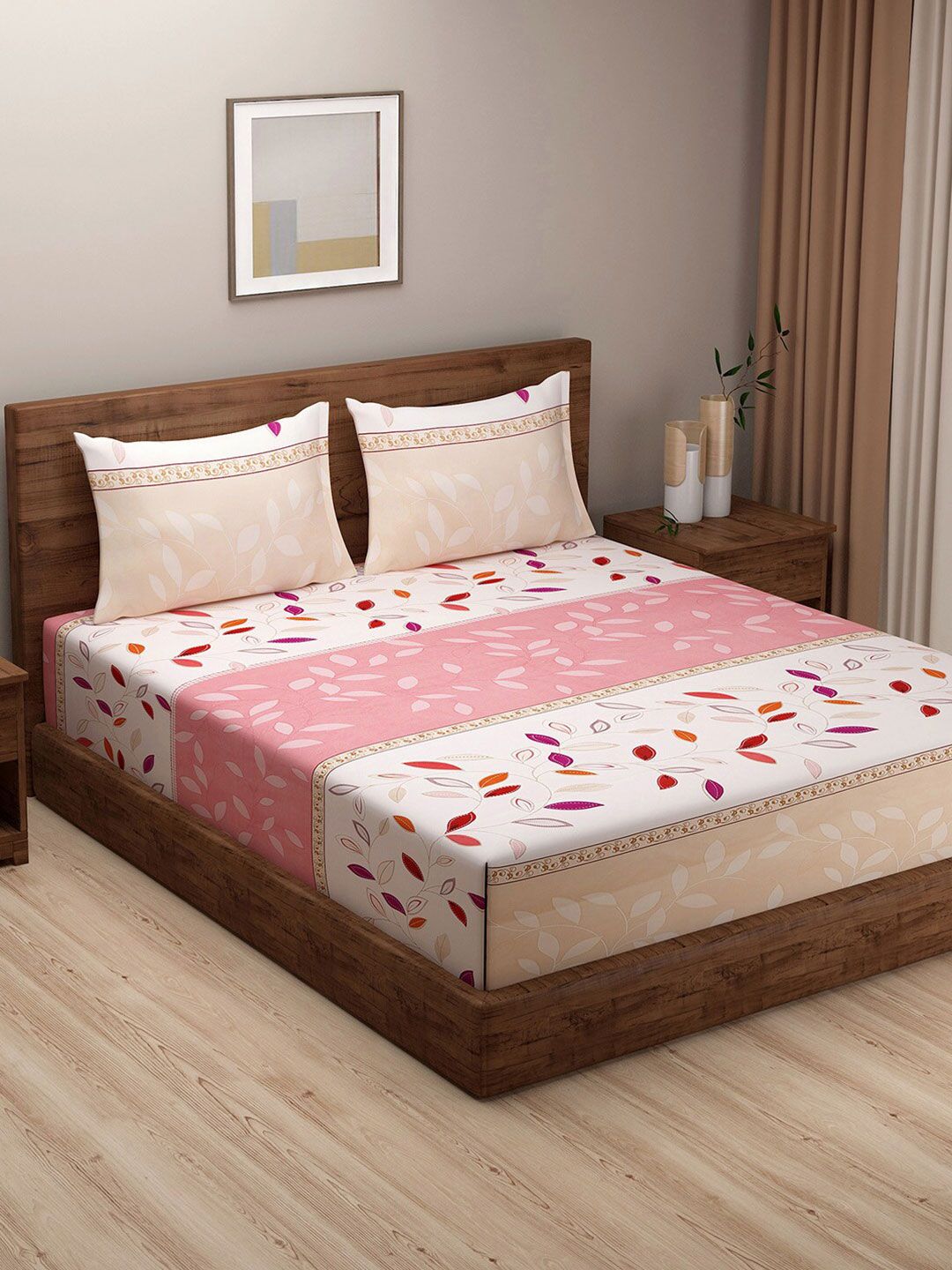 SWAYAM Beige & Peach-Coloured Floral 180 TC King Bedsheet with 2 Pillow Covers Price in India