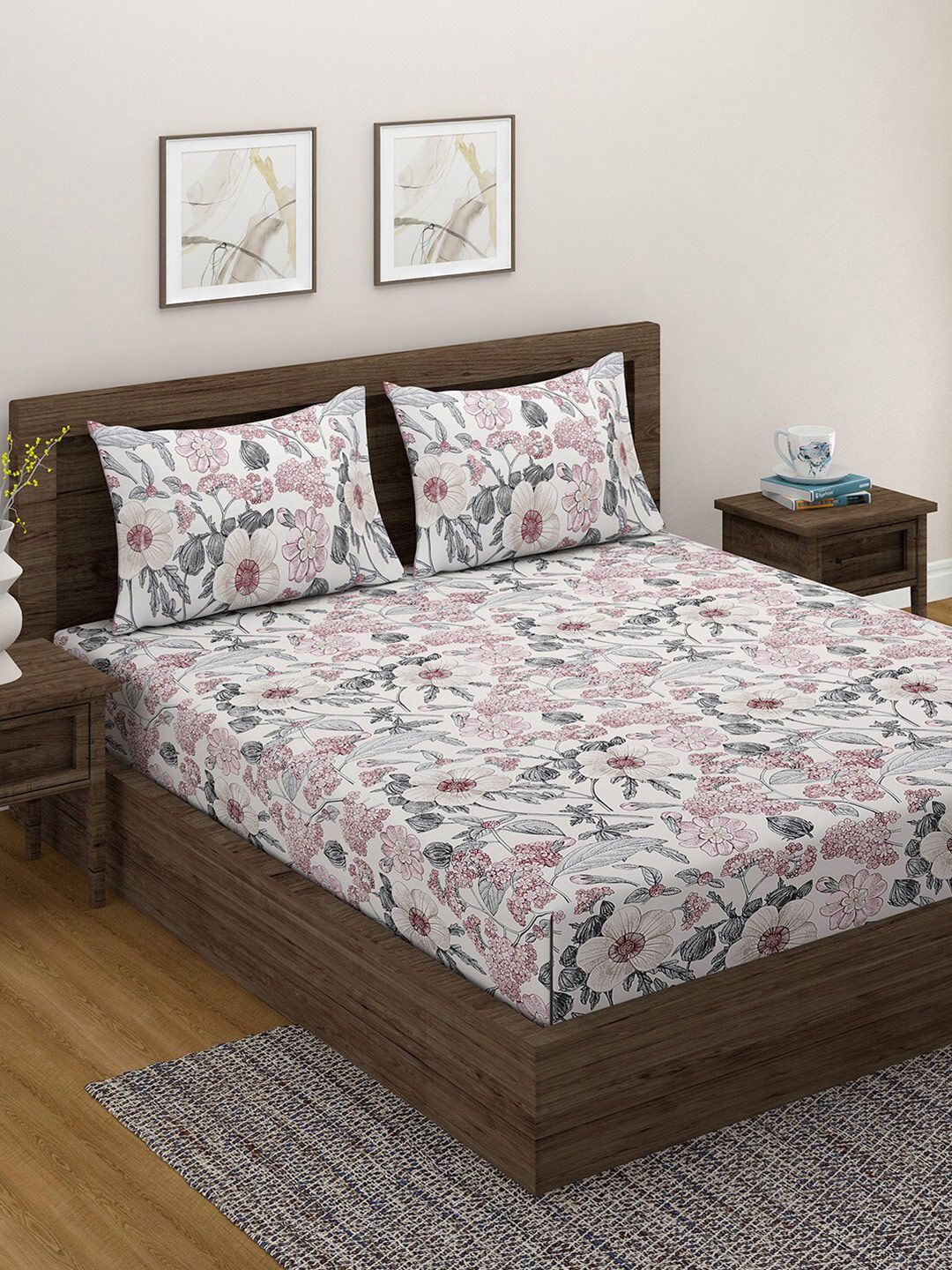 SWAYAM Pink & Grey Floral 180 TC King Bedsheet with 2 Pillow Covers Price in India