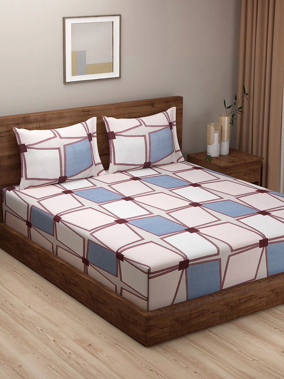 SWAYAM Peach-Coloured & Blue Geometric 180 TC King Bedsheet with 2 Pillow Covers Price in India