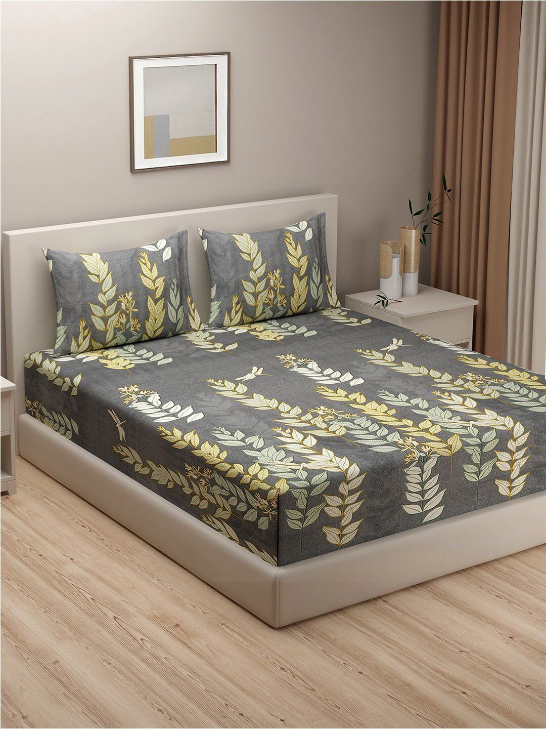 SWAYAM Grey & Yellow Floral 180 TC King Bedsheet with 2 Pillow Covers Price in India