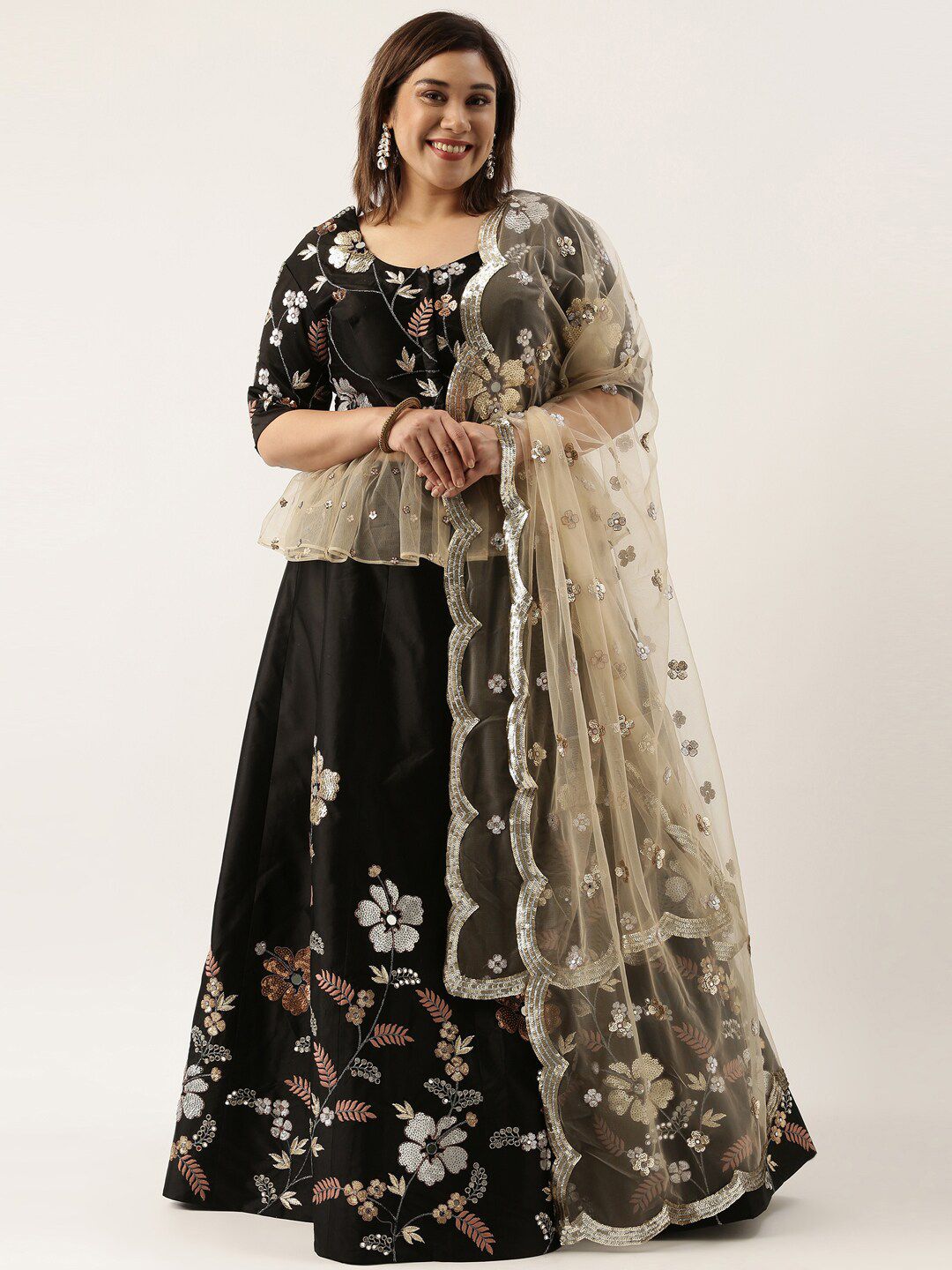 panchhi Black & Silver-Toned Embroidered Sequinned Semi-Stitched Lehenga & Unstitched Blouse With Dupatta Price in India