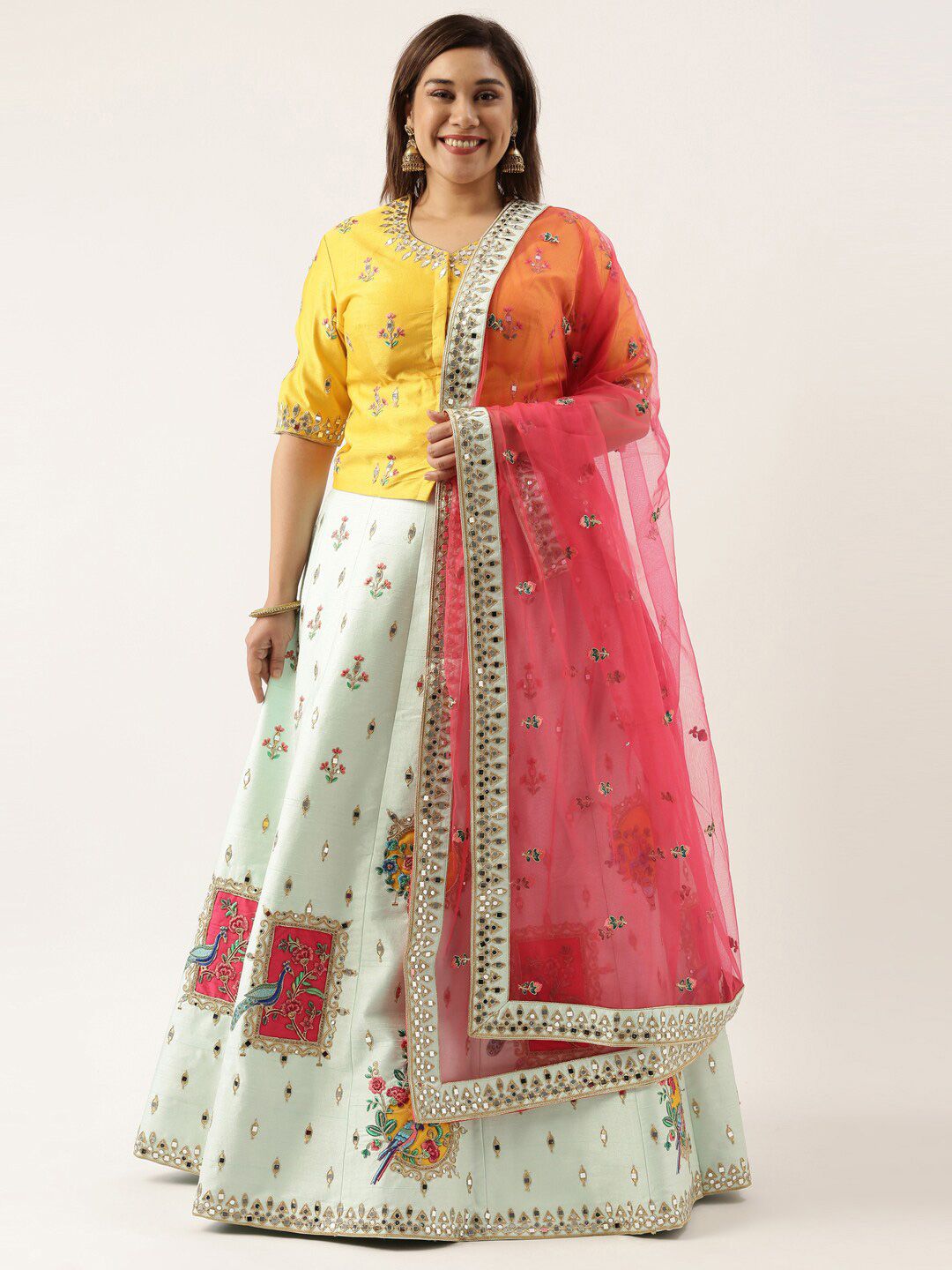 panchhi Sea Green & Yellow Embroidered Patchwork Semi-Stitched Lehenga & Unstitched Blouse With Dupatta Price in India