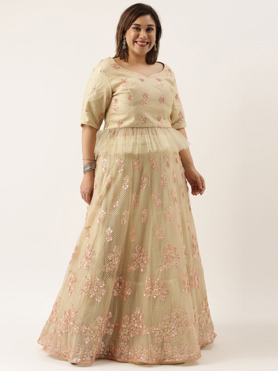 panchhi Beige & Peach-Coloured Embroidered Sequinned Semi-Stitched Lehenga & Unstitched Blouse With Dupatta