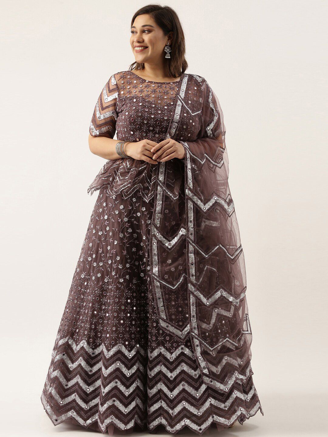 panchhi Burgundy & Silver-Toned Embroidered Mirror Work Semi-Stitched Lehenga & Unstitched Blouse With Price in India