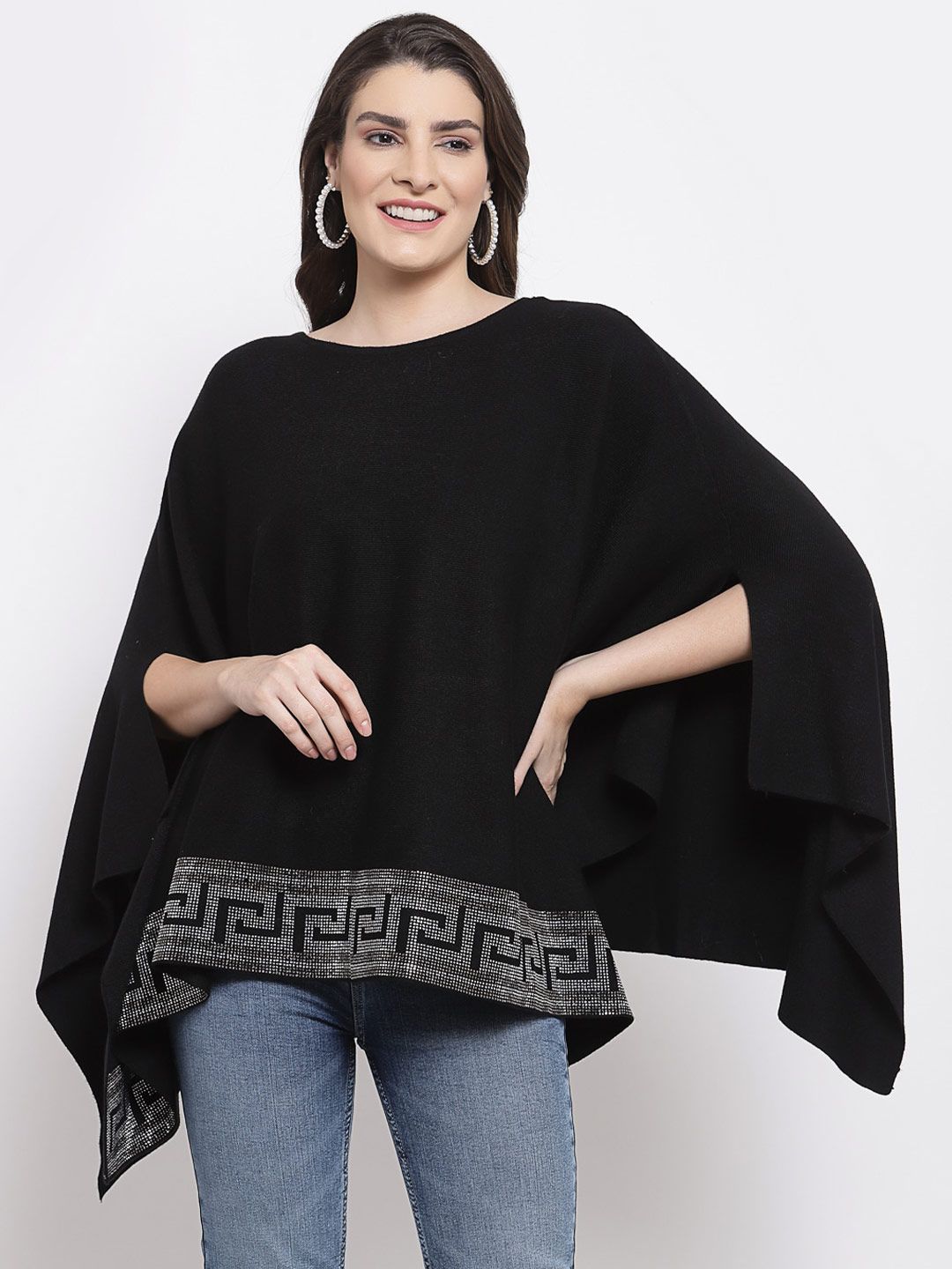 Mafadeny Women Black & Silver-Toned Poncho with Embellished Detail Price in India