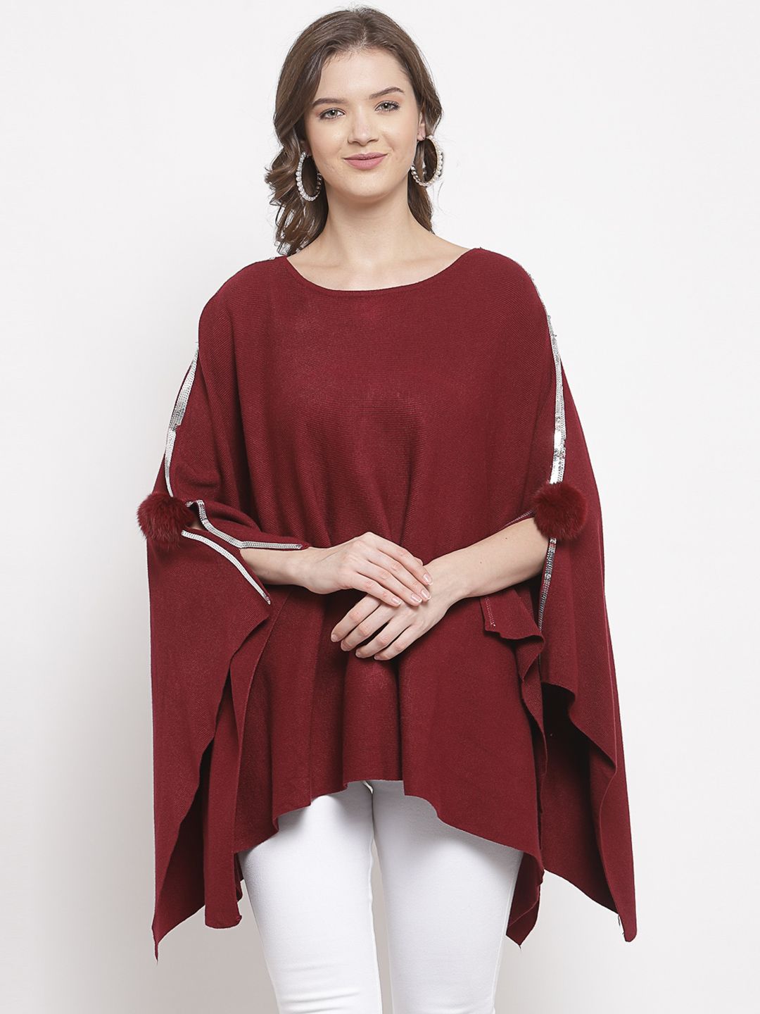 Mafadeny Women Maroon & Silver-Toned Poncho with Embellished Detail Price in India