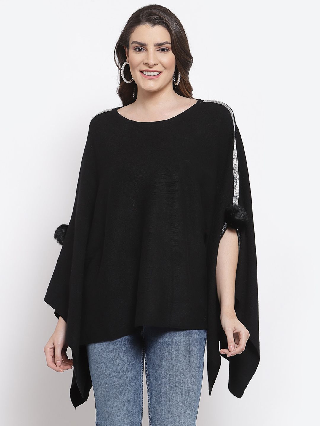 Mafadeny Women Black & Silver-Toned Poncho with Embellished Detail Price in India