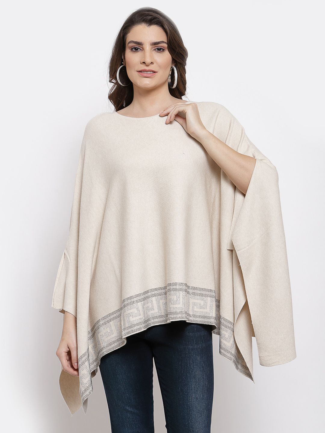 Mafadeny Women Off White Poncho with Embellished Detail Price in India