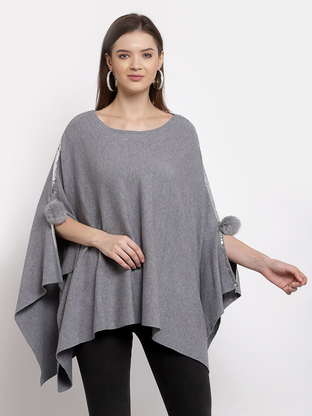 Mafadeny Women Grey & Silver-Toned Poncho with Embellished Detail Price in India
