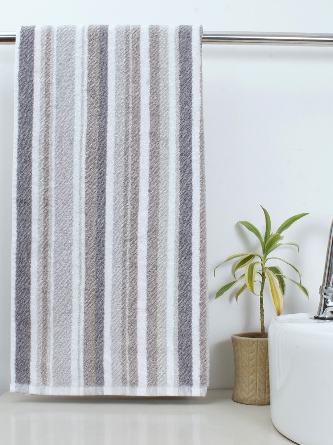 AVI Living Beige & Grey Striped 500 GSM Bath Towel Price in India