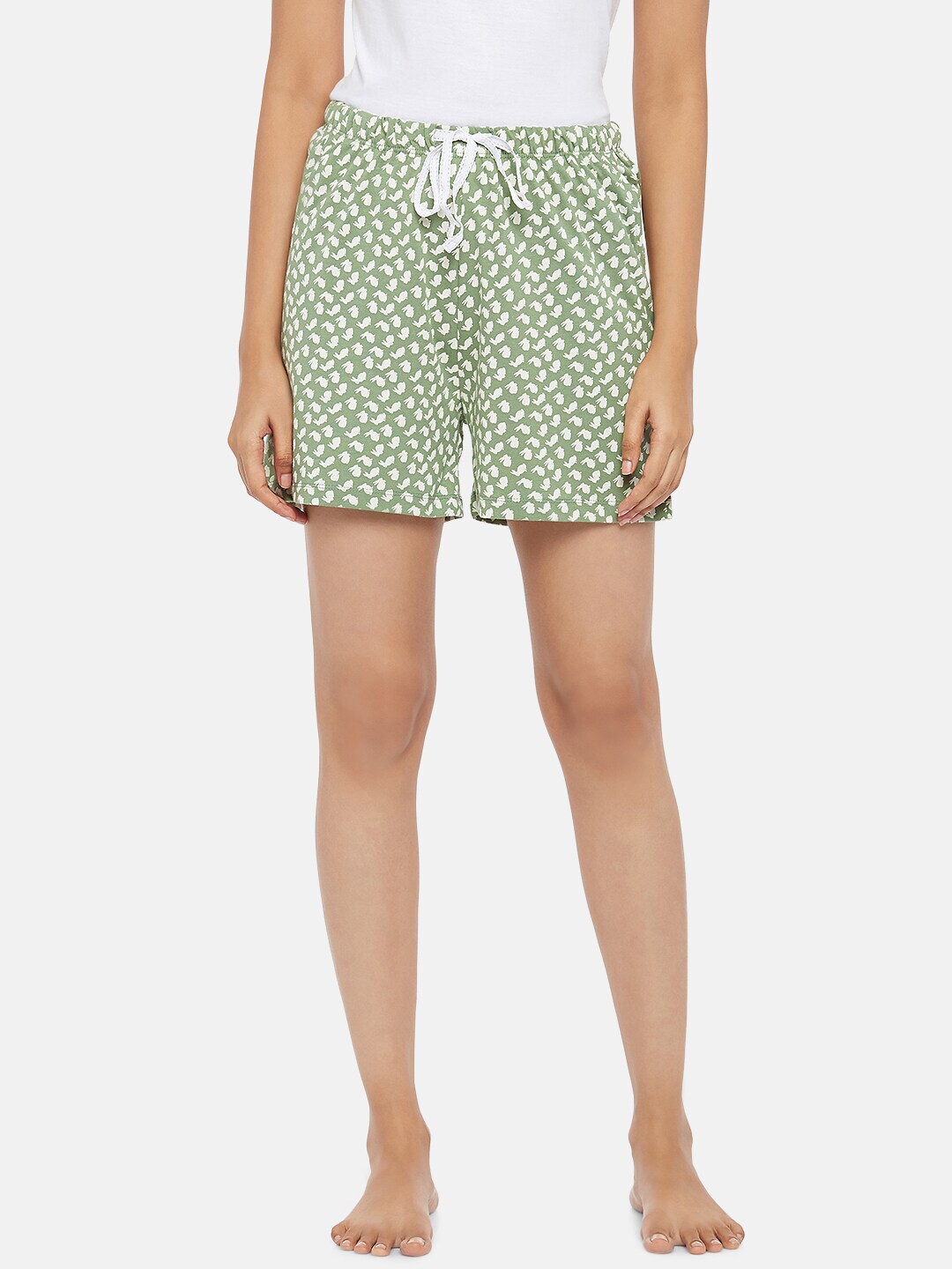 Dreamz by Pantaloons Women Green & White Printed Pure Cotton Lounge Shorts Price in India