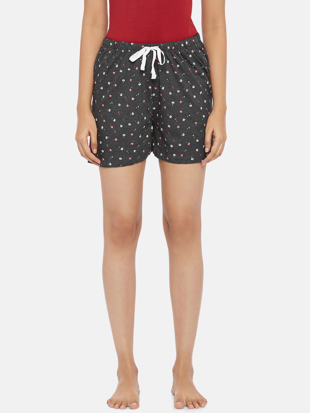 Dreamz by Pantaloons Women Charcoal & Red Floral Printed Pure Cotton Lounge Shorts Price in India