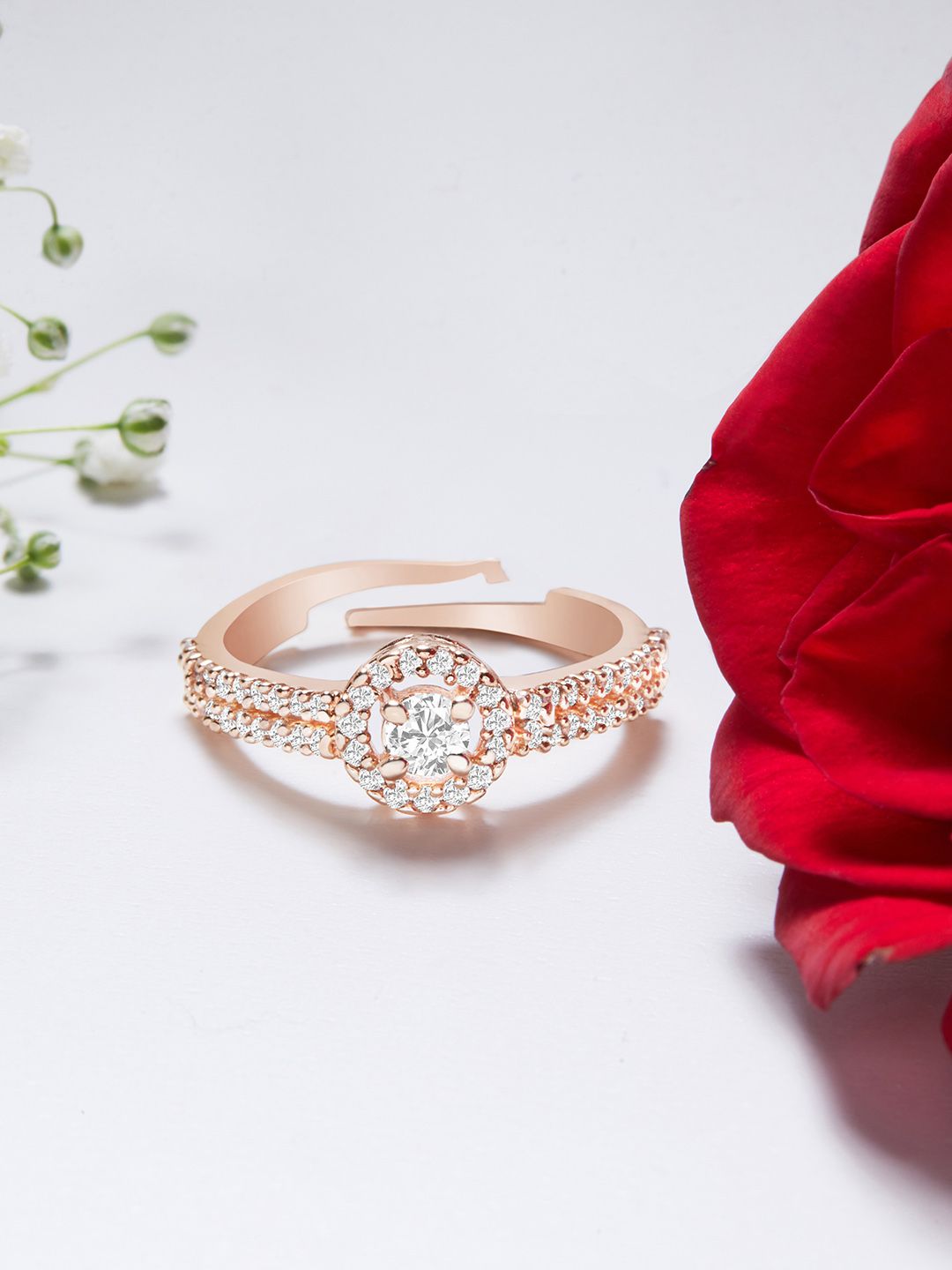 AMI Rose Gold-Plated White CZ-Studded Adjustable Finger Ring Price in India