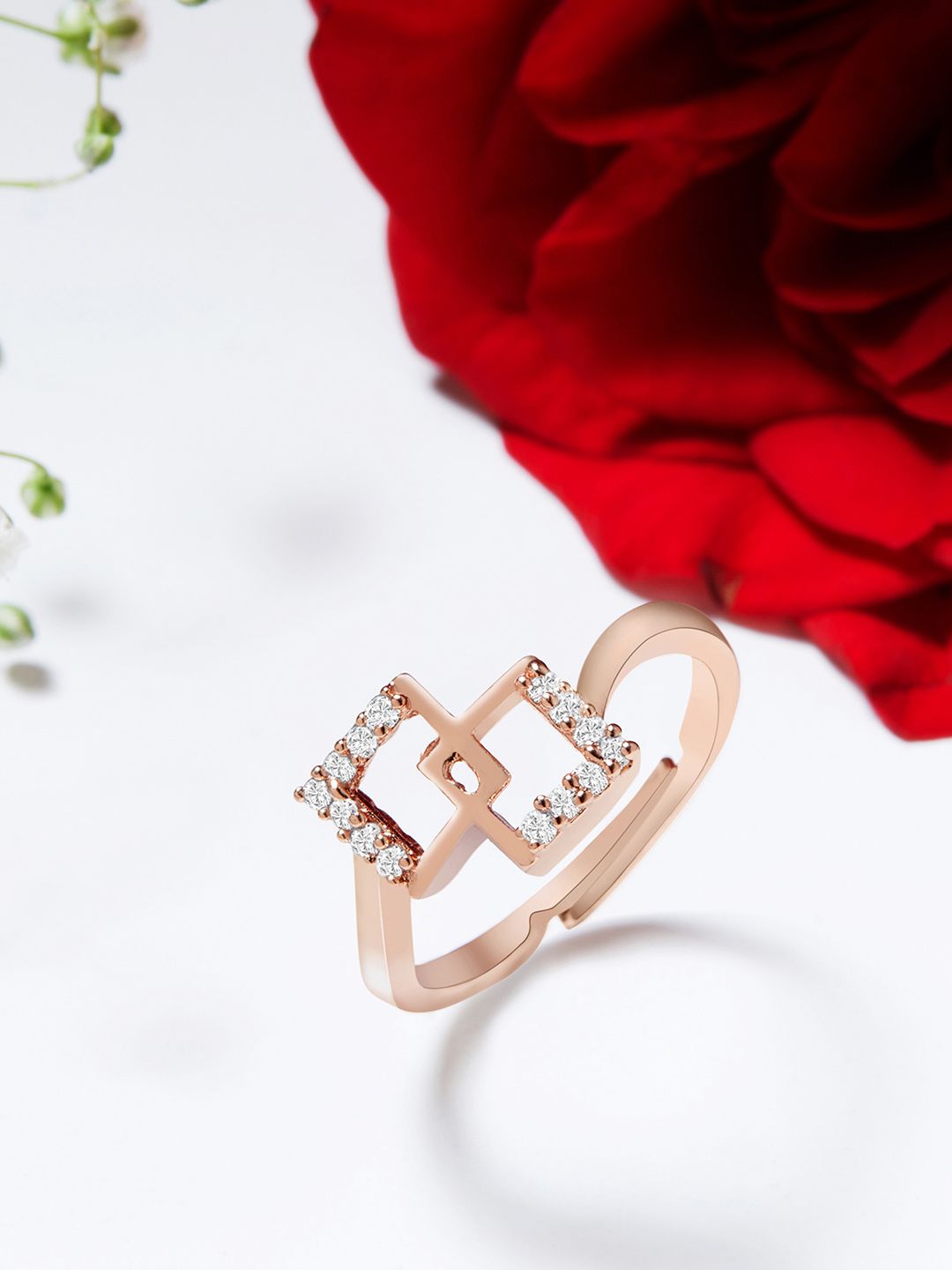 AMI Rose Gold-Plated White CZ-Studded Adjustable Finger Ring Price in India