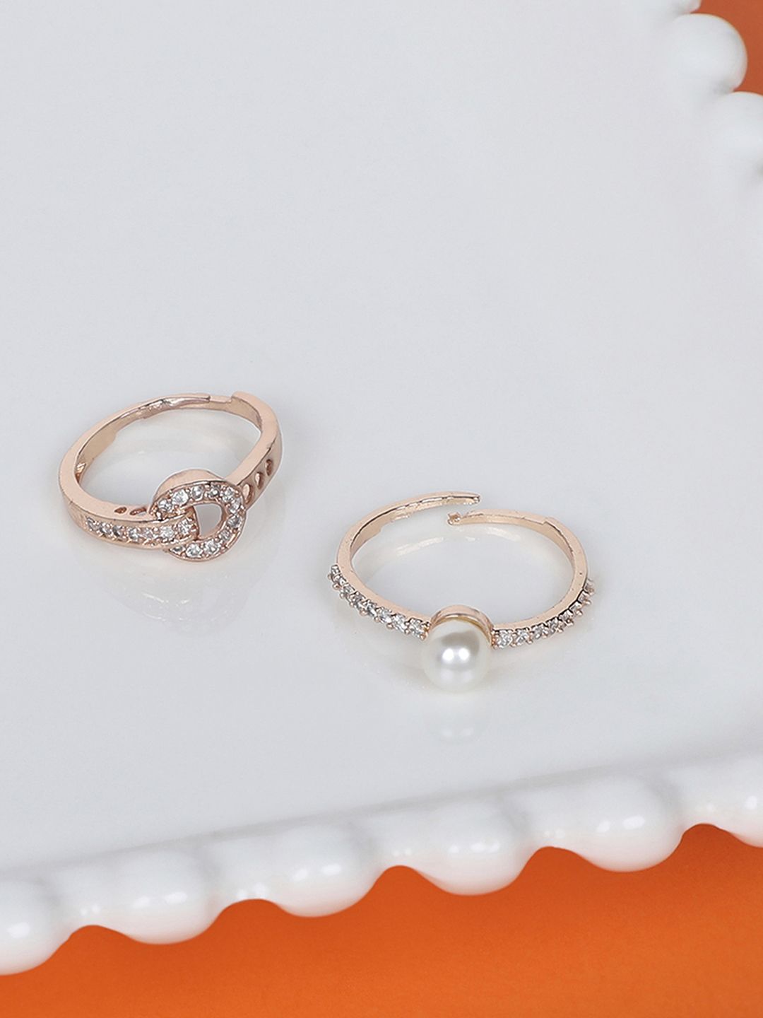Zaveri Pearls Set Of 2 Rose Gold-Plated & White CZ-Studded Adjustable Finger Rings Price in India